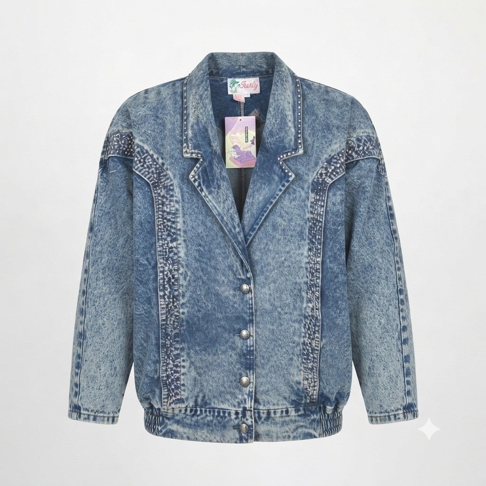 Tasty Denim Jacket Womens L Blue Acid Wash Studded Vintage 80s NWT J-711